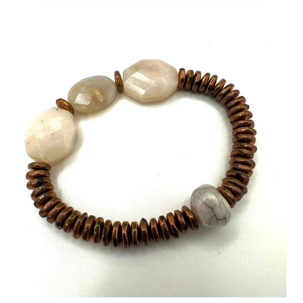Rose quartz agate and copper disc beaded stretchy bracelet